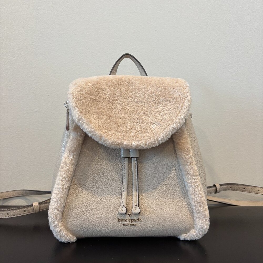 Kate Spade Leila Leather Medium Flap Backpack with Faux Shearling in Light Sand